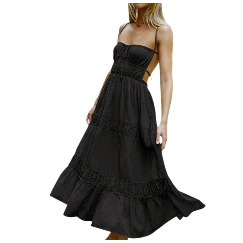 Fairy Grunge Boho Milkmaid Tiered Maxi Dress Womens Medium Black Beachy Cottage